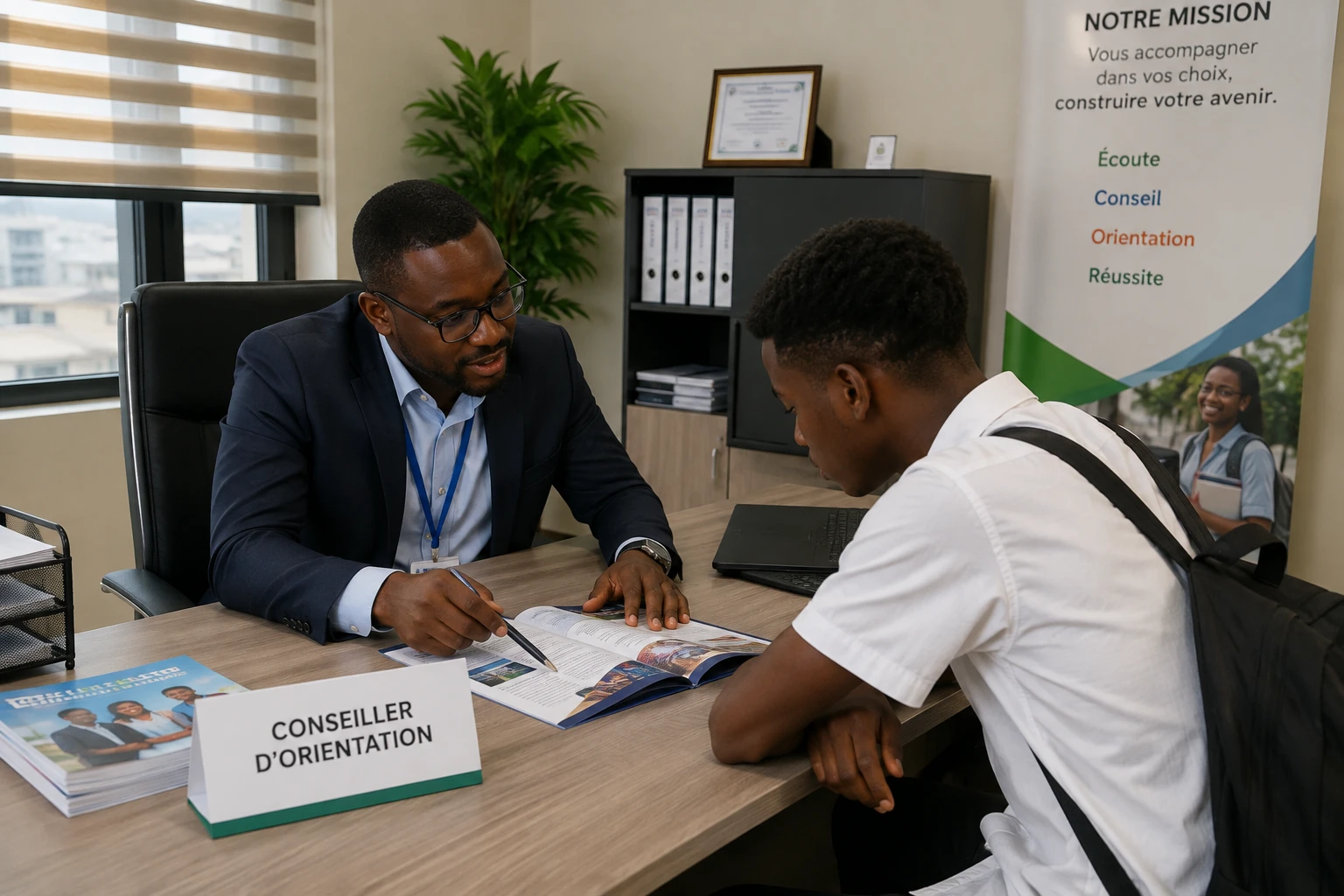 Un conseiller d'orientation échange avec un élève — bannière Écoute, Conseil, Orientation, Réussite